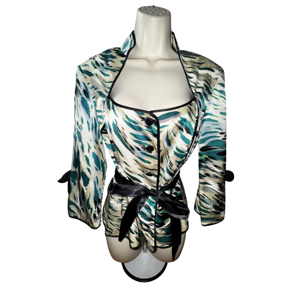 Cache Luxe Animal Print Satin Blazer Jacket Blazer Black Bow Size 14 Pinup Retro